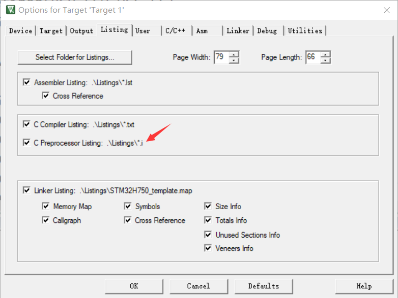 勾选C Preprocessor Listing: .\Listings*.i